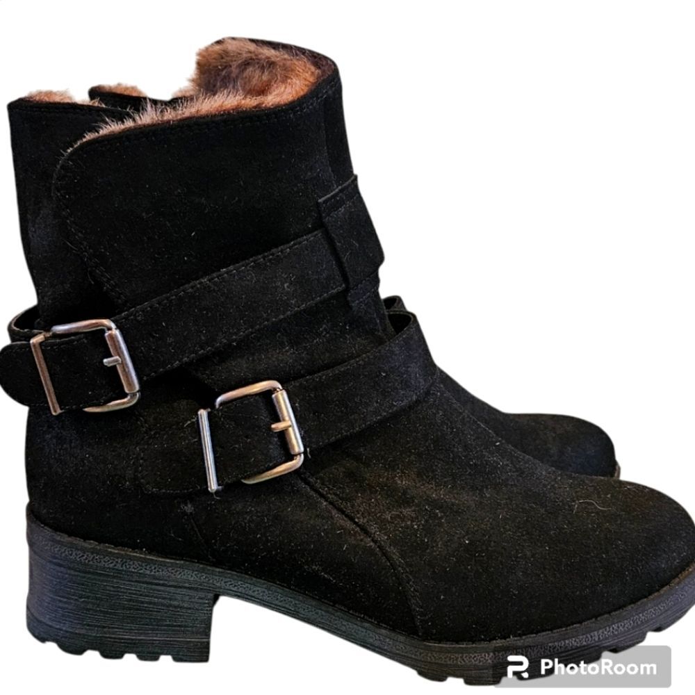 NWOT White Mountain Black Faux Fur Chastity Moto Ankle Booties Womens Size 7.5M